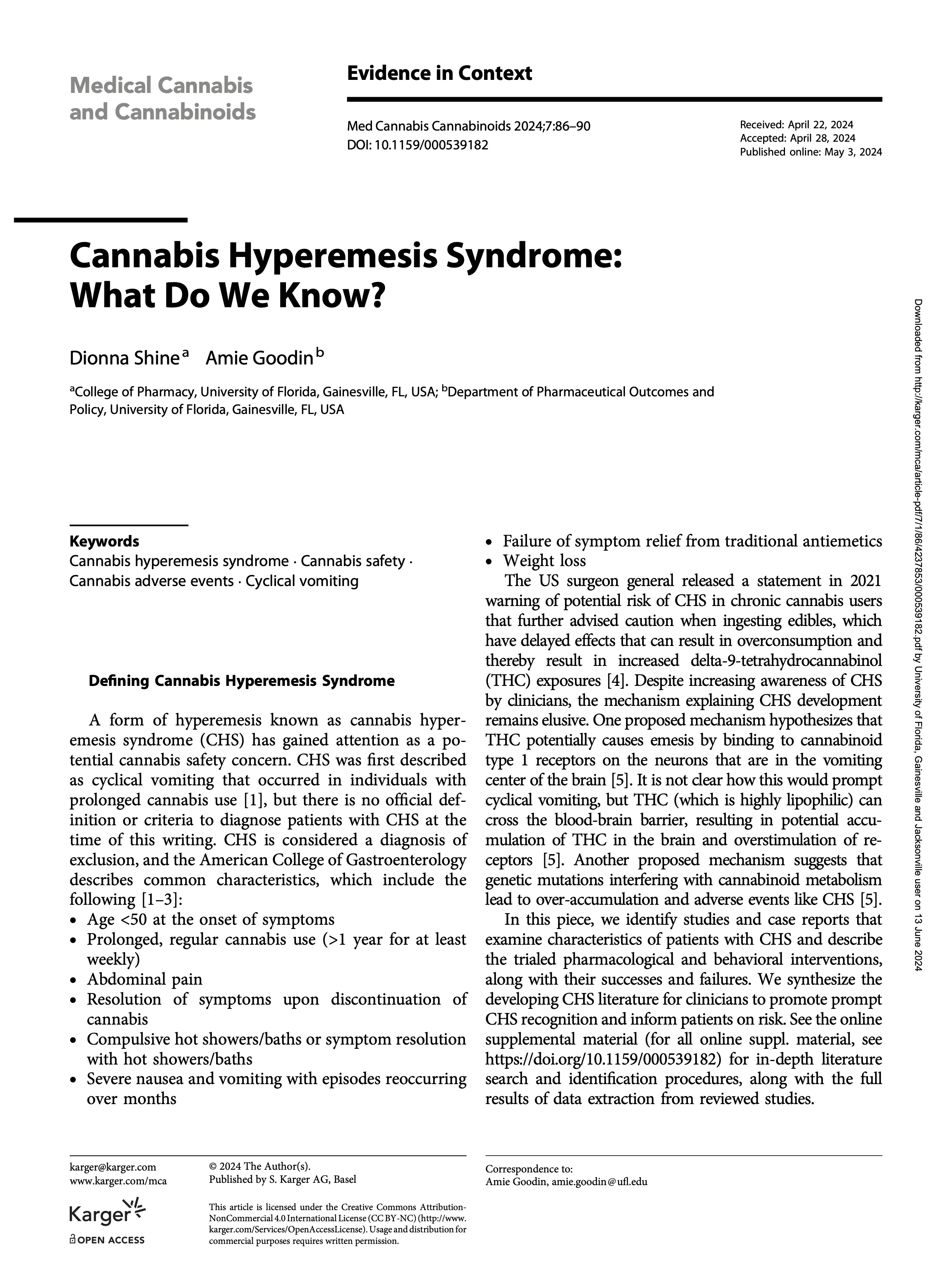 First page of an academic article titled 'Cannabis Hyperemesis Syndrome: What Do We Know?' from the journal 'Medical Cannabis and Cannabinoids' (2024). The article is authored by Dionna Shine and Amie Goodin from the University of Florida.