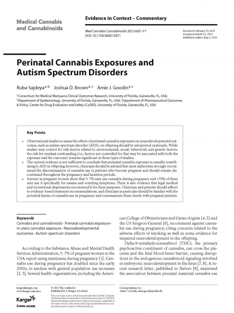 First page of an academic article titled 'Perinatal Cannabis Exposures and Autism Spectrum Disorders' from the journal 'Medical Cannabis and Cannabinoids'. The article is authored by Ruba Sajdeya, Joshua D. Brown, and Amie J. Goodin from the University of Florida, published online May 5, 2021.