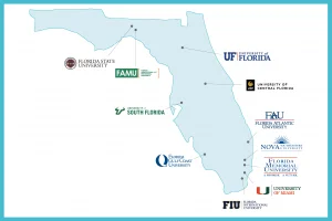 Map of Florida showing locations of major universities including Florida State University, FAMU, University of Florida, University of Central Florida, University of South Florida, Florida Atlantic University, Florida Gulf Coast University, Nova Southeastern University, Florida Memorial University, University of Miami, and Florida International University.