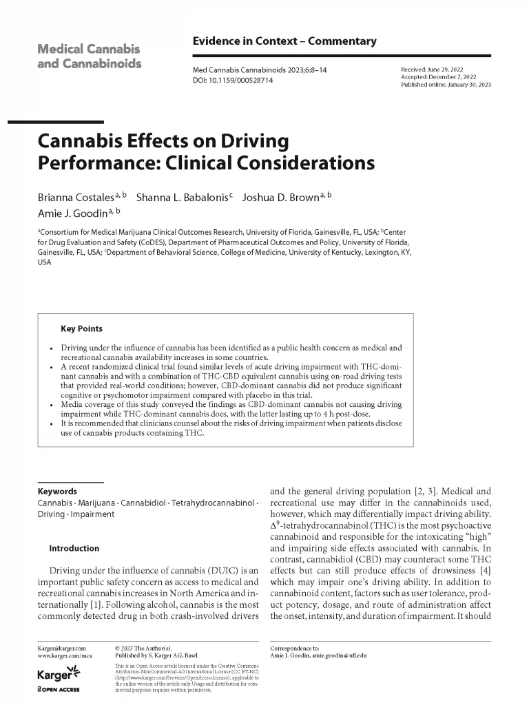 The first page of an academic article titled 'Cannabis Effects on Driving Performance: Clinical Considerations' published in the journal 'Medical Cannabis and Cannabinoids' (2023). Authors include Brianna Costales, Shanna L. Babalonis, Joshua D. Brown, and Amie J. Goodin from the University of Florida and University of Kentucky.