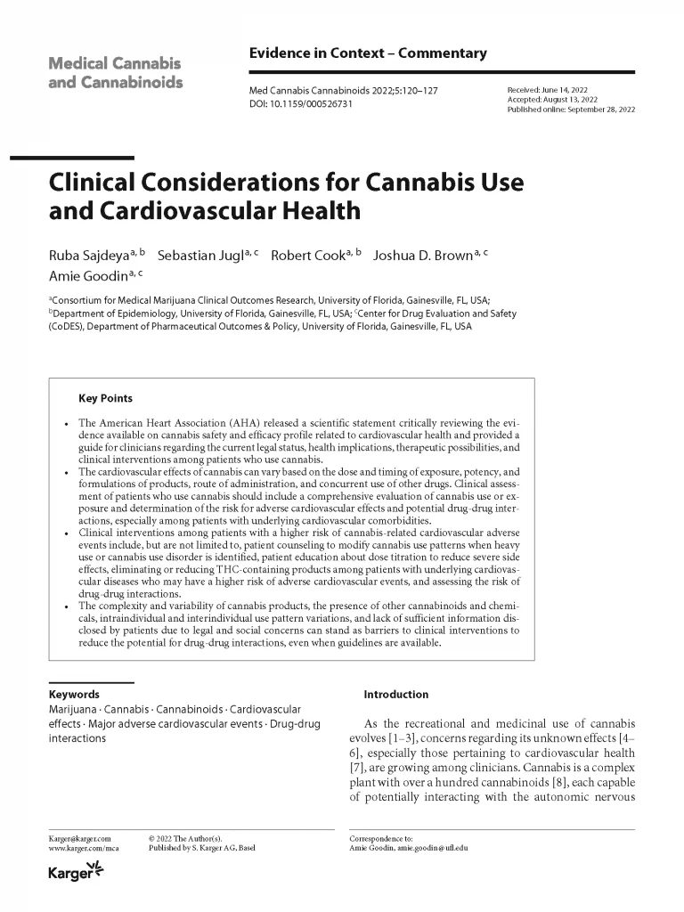 The first page of an academic article titled 'Clinical Considerations for Cannabis Use and Cardiovascular Health' published in the journal 'Medical Cannabis and Cannabinoids' (2022). The authors are Ruba Sajdeya, Sebastian Jugl, Robert Cook, Joshua D. Brown, and Amie Goodin from the University of Florida.