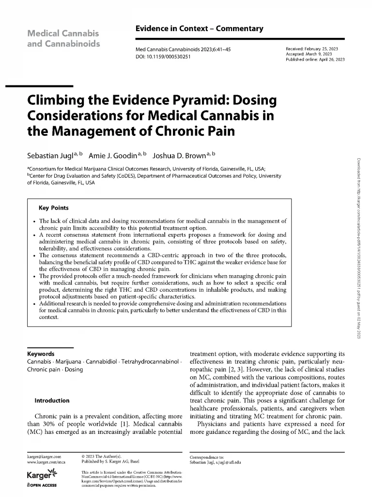 The first page of an academic article titled 'Climbing the Evidence Pyramid: Dosing Considerations for Medical Cannabis in the Management of Chronic Pain' published in the journal 'Medical Cannabis and Cannabinoids' (2023). Authors are Sebastian Jugl, Amie J. Goodin, and Joshua D. Brown from the University of Florida.