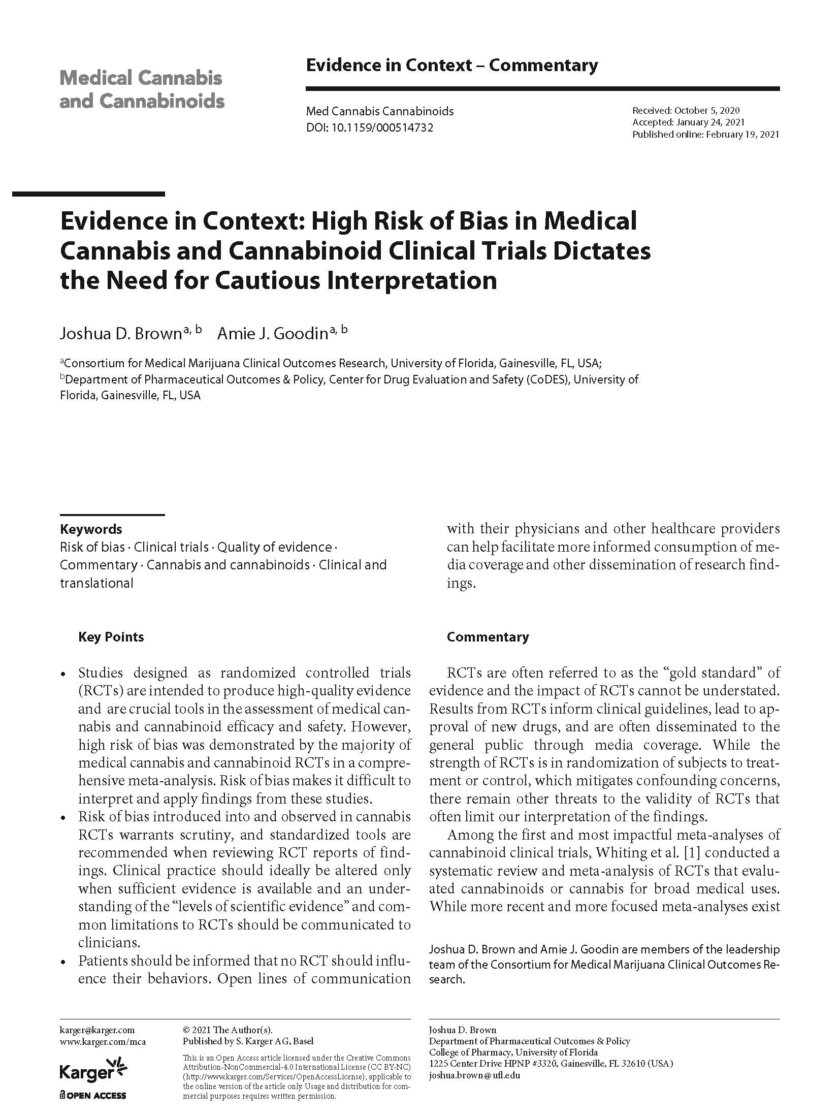 First page of an academic article titled 'Evidence in Context: High Risk of Bias in Medical Cannabis and Cannabinoid Clinical Trials Dictates the Need for Cautious Interpretation' from the journal 'Medical Cannabis and Cannabinoids'. The article is authored by Joshua D. Brown and Amie J. Goodin from the University of Florida, published online February 19, 2021.
