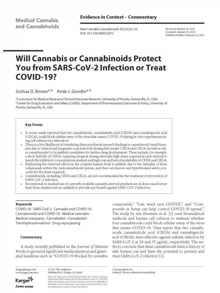 The first page of an academic journal article titled 'Will Cannabis or Cannabinoids Protect You from SARS-CoV-2 Infection or Treat COVID-19?' by Joshua D. Brown and Amie J. Goodin from the University of Florida. Published in Medical Cannabis and Cannabinoids journal (2022).