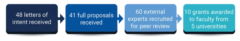 A horizontal infographic showing a research grant application process with four connected blue boxes in a timeline format. The boxes read from left to right: '48 letters of intent received', '41 full proposals received', '60 external experts recruited for peer review', and '10 grants awarded to faculty from 5 universities'.