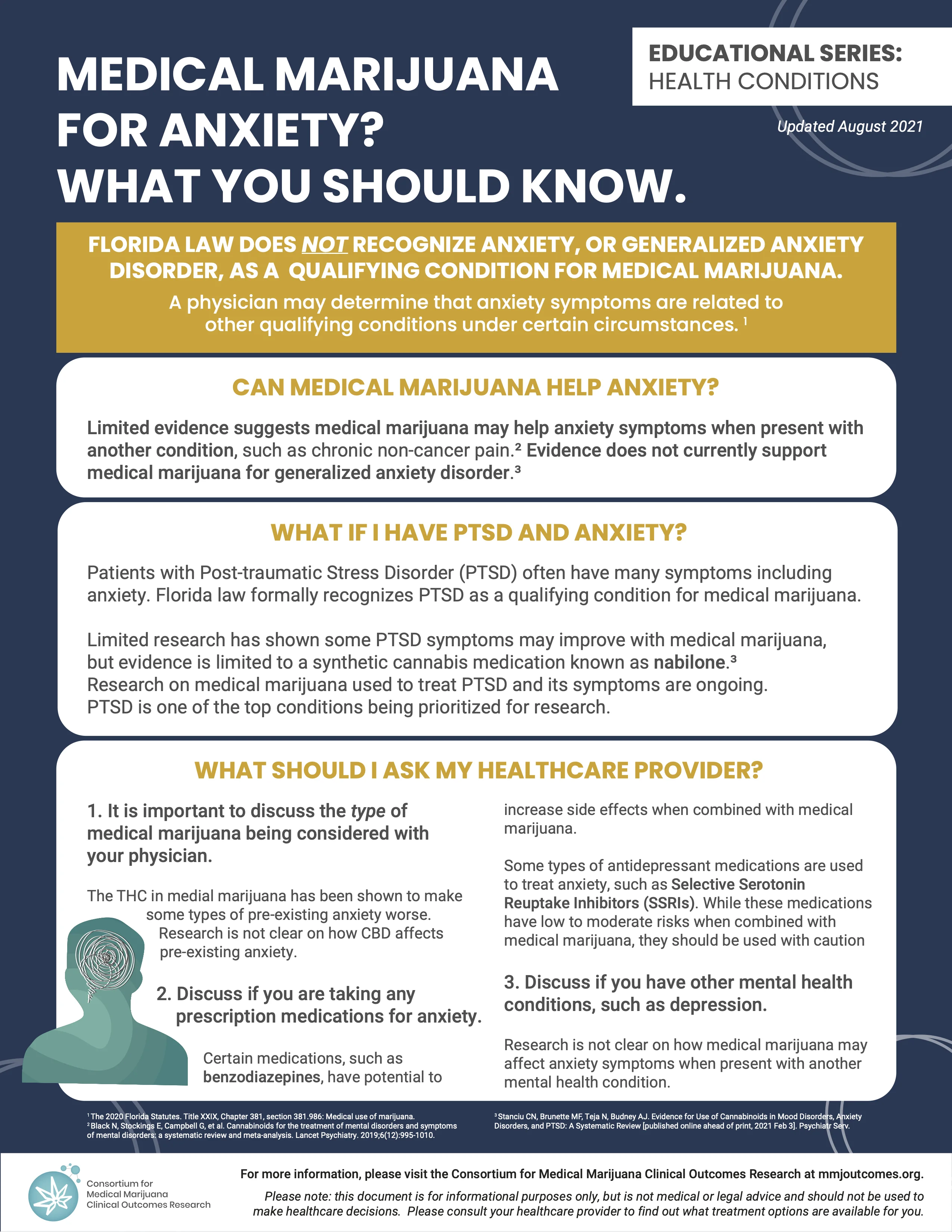 Screenshot of fact sheet titled 'MEDICAL MARIJUANA FOR ANXIETY? WHAT YOU SHOULD KNOW' from the Consortium for Medical Marijuana Clinical Outcomes Research, updated August 2021.