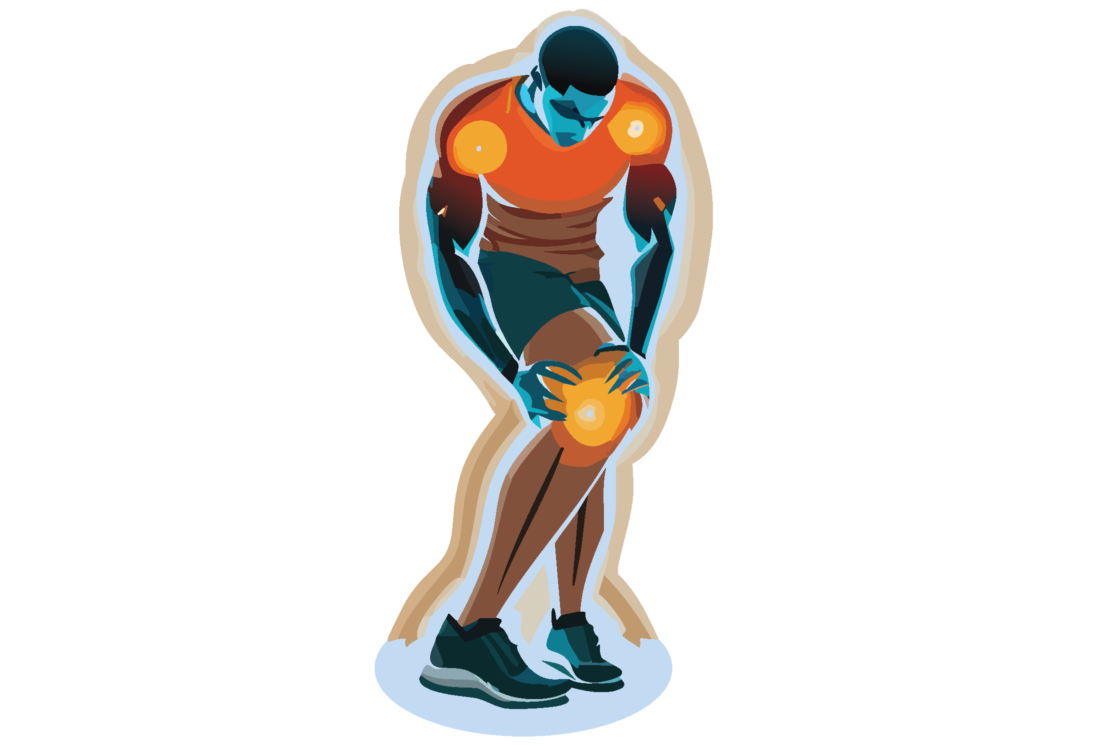 A man bends over in pain, his joints are red to signify pain.